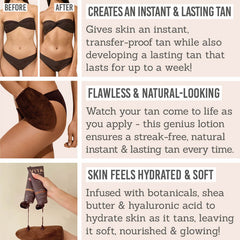Vita Liberata Tinted Lasting Tan Lotion key benefits - creates an instant & lasting tan, flawless and natural-looking, skin feels hydrated & soft.