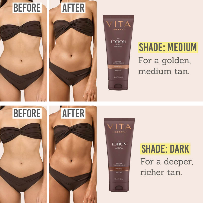 Vita Liberata Tinted Lasting Tan Lotion in shades medium and dark before and after results