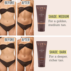 Vita Liberata Tinted Lasting Tan Lotion in shades medium and dark before and after results