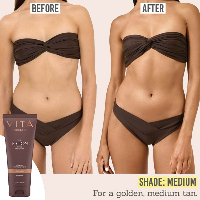 Vita Liberata Tinted Lasting Tan Lotion before and after results in shade Medium