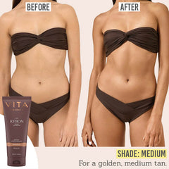 Vita Liberata Tinted Lasting Tan Lotion before and after results in shade Medium
