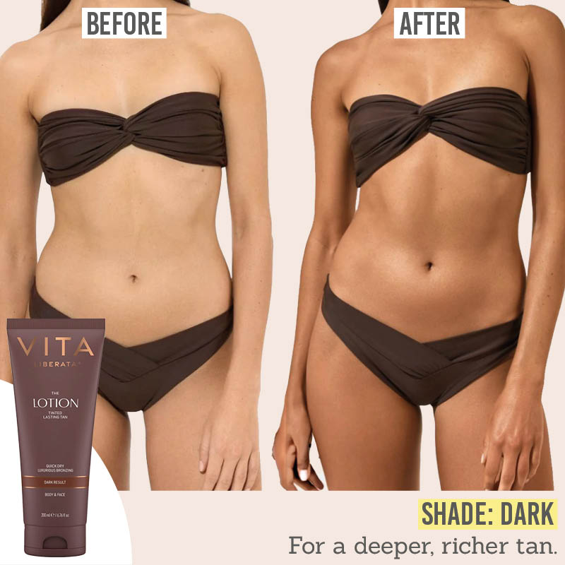 Vita Liberata Tinted Lasting Tan Lotion before and after results in shade Dark