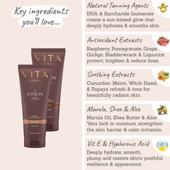 Vita Liberata Tinted Lasting Tan Lotion key ingredients - DHA, Saccharide Isomerate, Raspberry, Pommegranate, grape, Bladderwrack & liquorice extract, hyaluronic acid, vitamin E, marula oil, shead butter, aloe vera, cucomber, melon, witch hazel & papaya