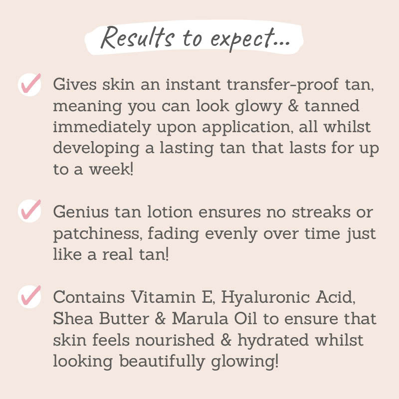 Vita Liberata Tinted Lasting Tan Lotion results to expect - creates an instant & transfer-proof tan while developing a long-lasting tan that lasts for up to a week, no streaks, no patchiness, fades evenly while hydrating skin