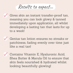 Vita Liberata Tinted Lasting Tan Lotion results to expect - creates an instant & transfer-proof tan while developing a long-lasting tan that lasts for up to a week, no streaks, no patchiness, fades evenly while hydrating skin