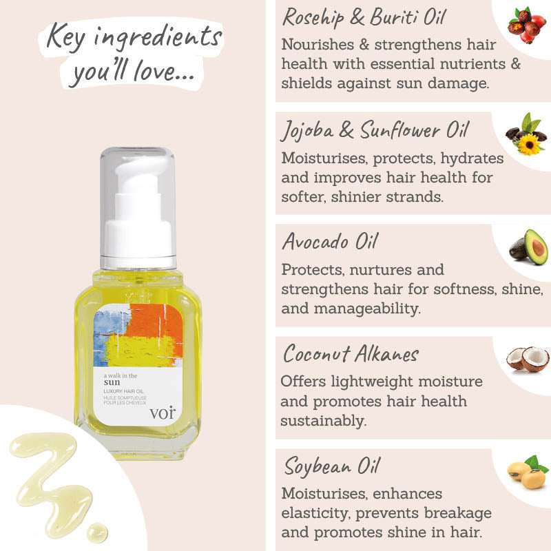 Key ingredients of Voir Haircare A Walk in the Sun Luxury Hair Oil