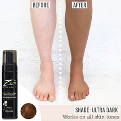 Zuii Flora Self Tanning Foam before and after results of shade ultra dark