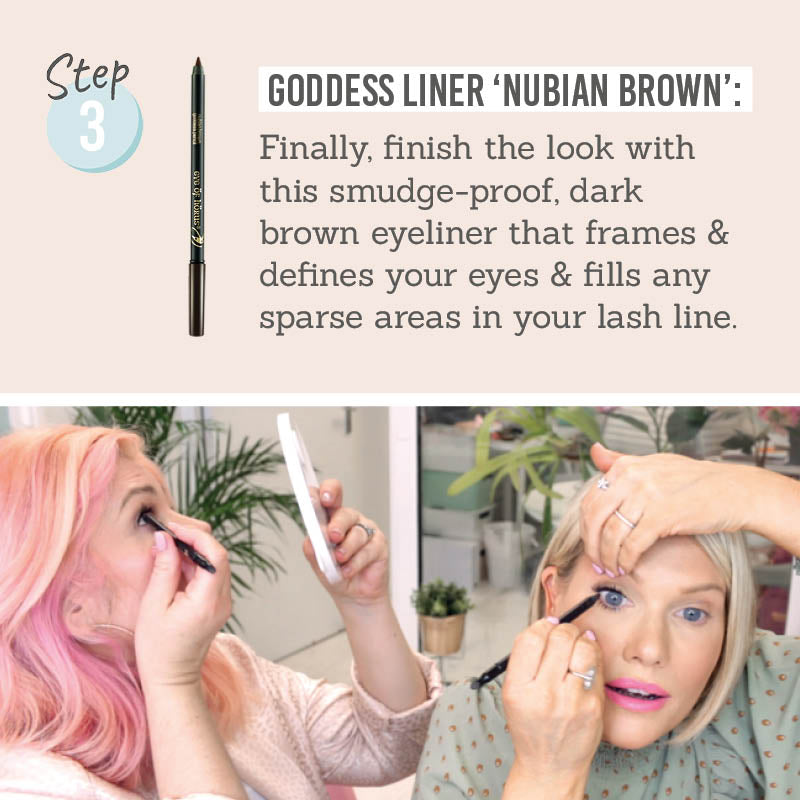 Step 3 of the Fuller Looking Lashes Bundle, using Eye of Horus Goddess Eyeliner in 'Nubian Brown'
