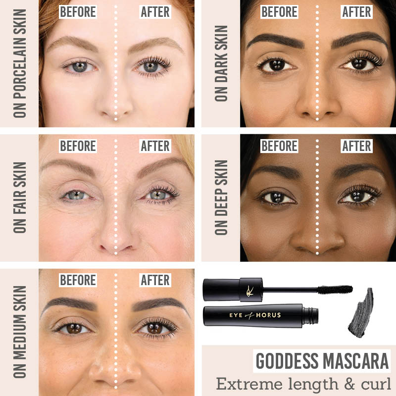 Goddess Black Mascara before and after on all skin tones