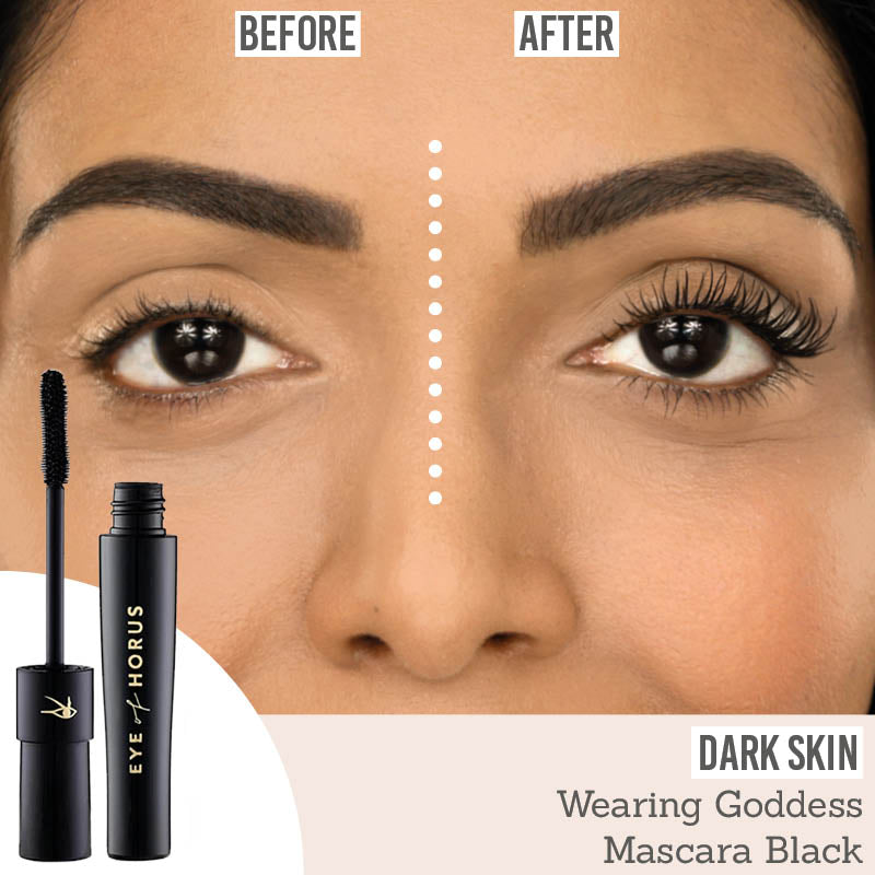 Goddess Black Mascara before and after results on deep skin