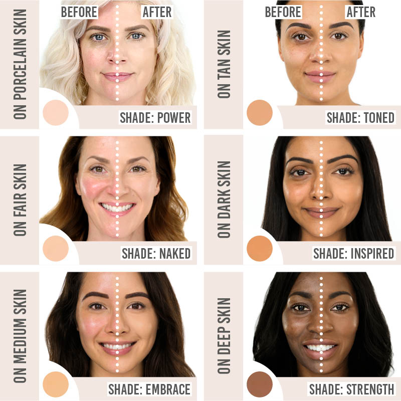 Fitcover Sweat-ready Mineral Infused Liquid Foundation before and after results on different skin tones
