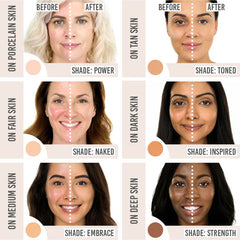 Fitcover Sweat-ready Mineral Infused Liquid Foundation before and after results on different skin tones