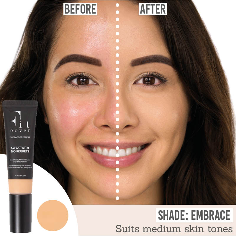 Fitcover Sweat-ready Mineral Infused Liquid Foundation before and after results on medium skin