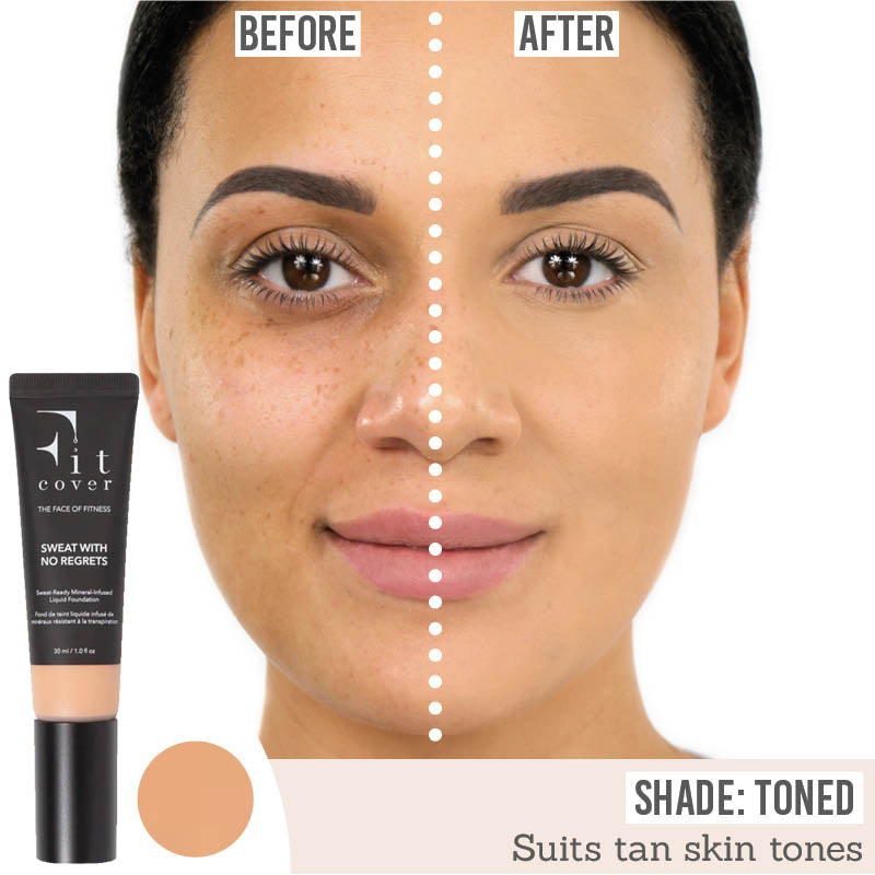 Fitcover Sweat-ready Mineral Infused Liquid Foundation before and after results on tan skin