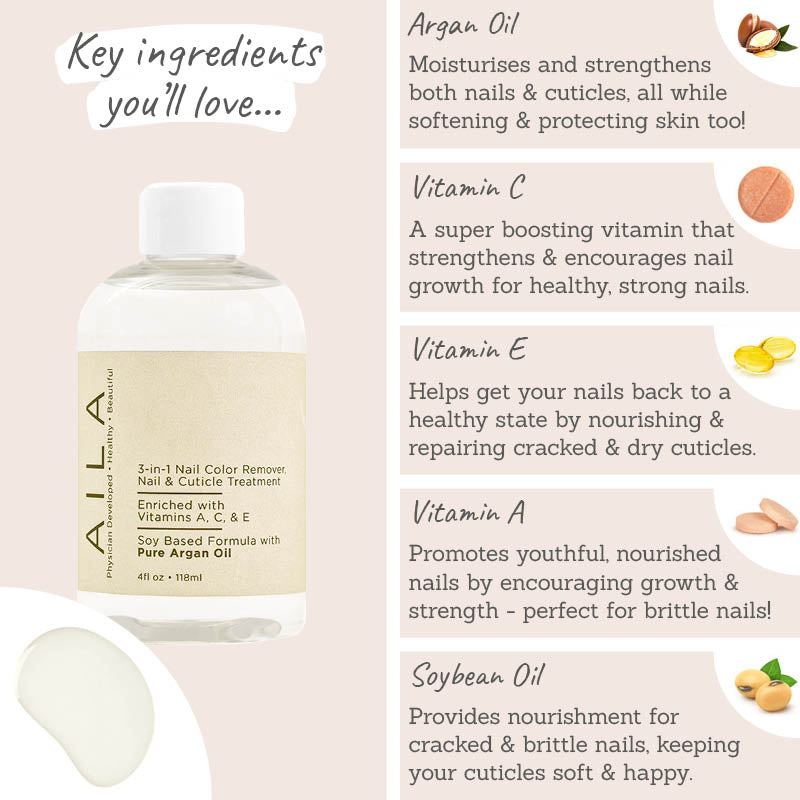 Aila 3-in-1 Nail Colour Remover with Pure Argan Oil key ingredients