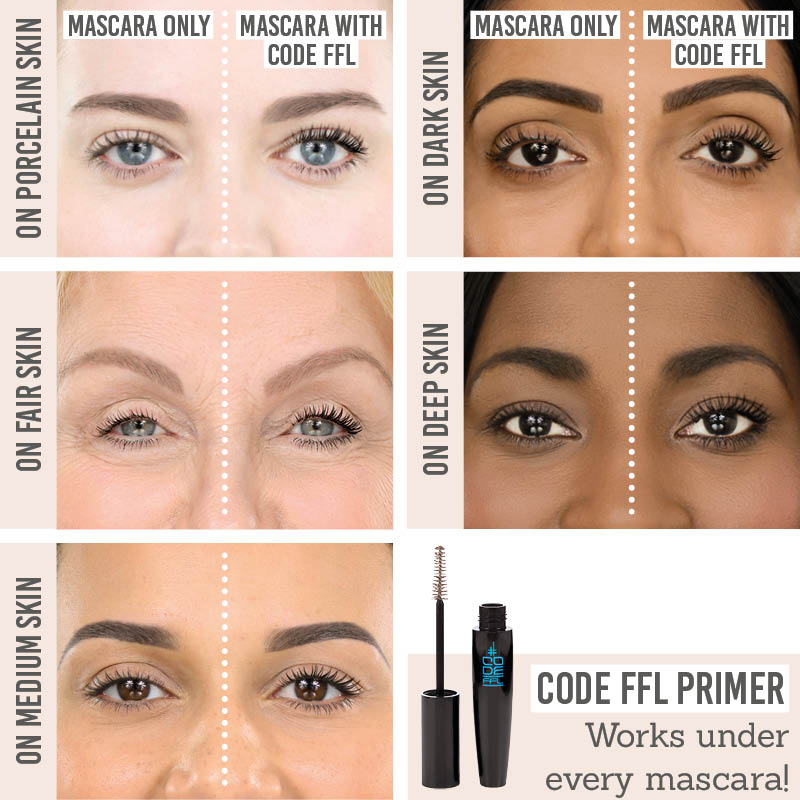 CODE FFL Pre Mascara Lash Plumping Primer before and after results on different skin tones