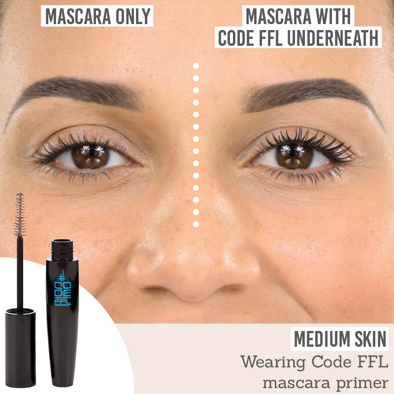CODE FFL Pre Mascara Lash Plumping Primer before and after results on medium skin