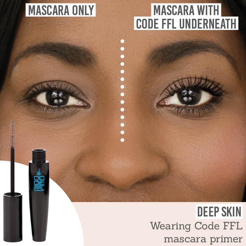 CODE FFL Pre Mascara Lash Plumping Primer before and after results on deep skin