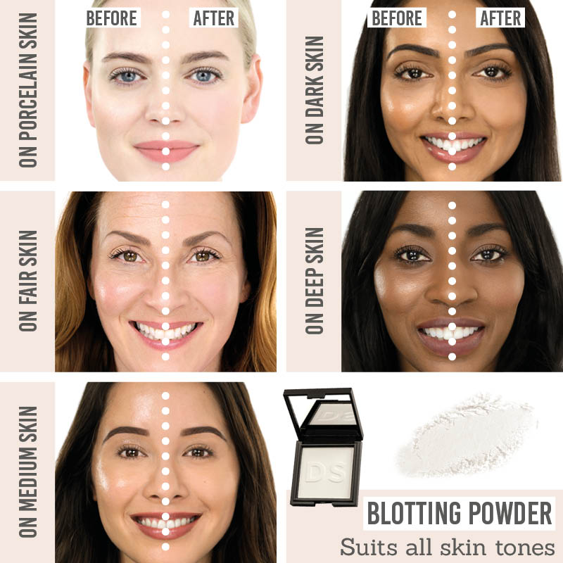 Daniel Sandler Invisible Blotting Powder before and after results on different skin tones