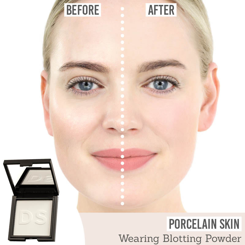 Daniel Sandler Invisible Blotting Powder before and after results on porcelain skin tone