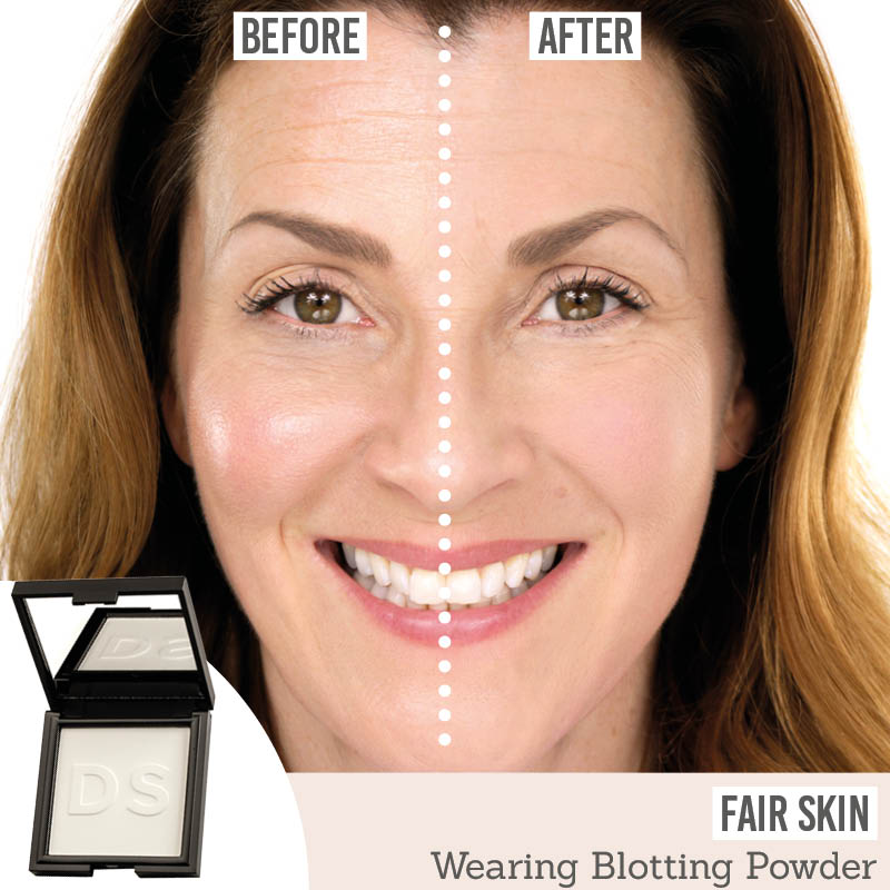 Daniel Sandler Invisible Blotting Powder before and after results on fair skin tone