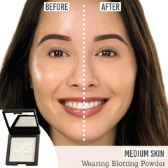Daniel Sandler Invisible Blotting Powder before and after results on medium skin tone
