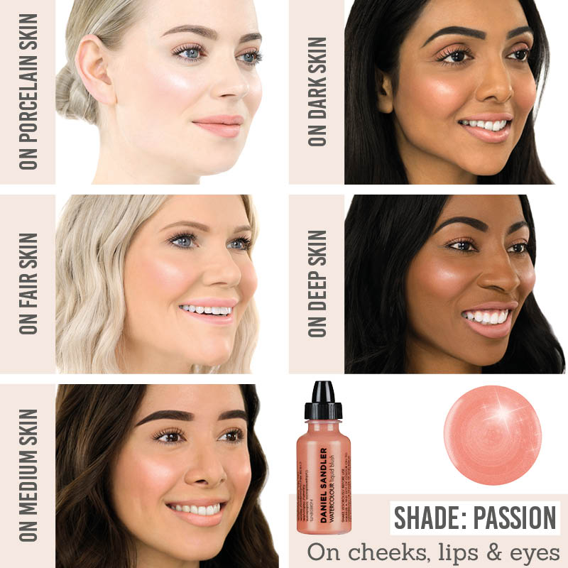 Daniel Sandler Watercolour Blush in exclusive shade Passion on different skin tones