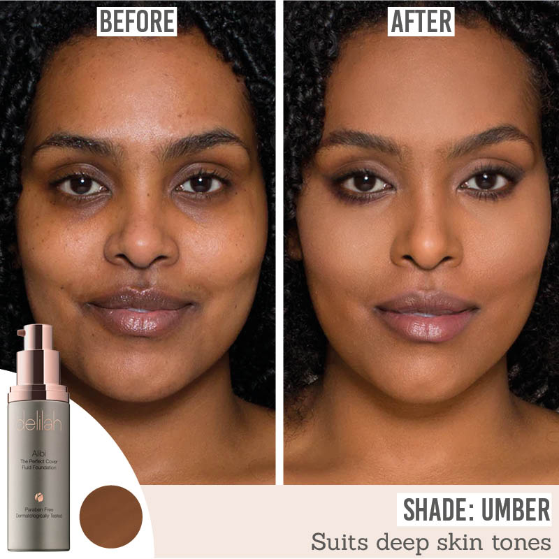 delilah Alibi The Perfect Cover Fluid Foundation before and after results on deep skin tones