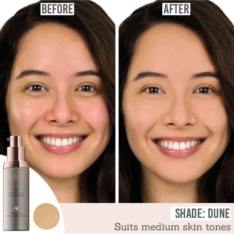 delilah Alibi The Perfect Cover Fluid Foundation before and after results on medium skin tones