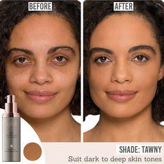 delilah Alibi The Perfect Cover Fluid Foundation before and after results on deep skin tones