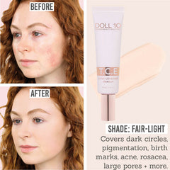 Doll 10 T.C.E. Super Coverage Serum Foundation before and after results on porcelain skin tones