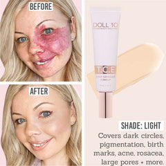 Doll 10 T.C.E. Super Coverage Serum Foundation before and after results on fair skin tones