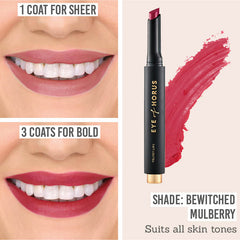 Eye of Horus Velvet Lips worn sheer and bold in shade Bewitched Mulberry