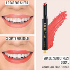 Eye of Horus Velvet Lips worn sheer and bold in shade Seductress Coral