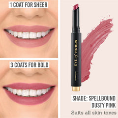 Eye of Horus Velvet Lips worn sheer and bold in shade Spellbound Dusty Pink