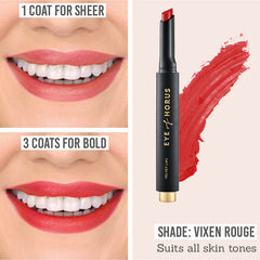 Eye of Horus Velvet Lips worn sheer and bold in shade Vixen Rouge