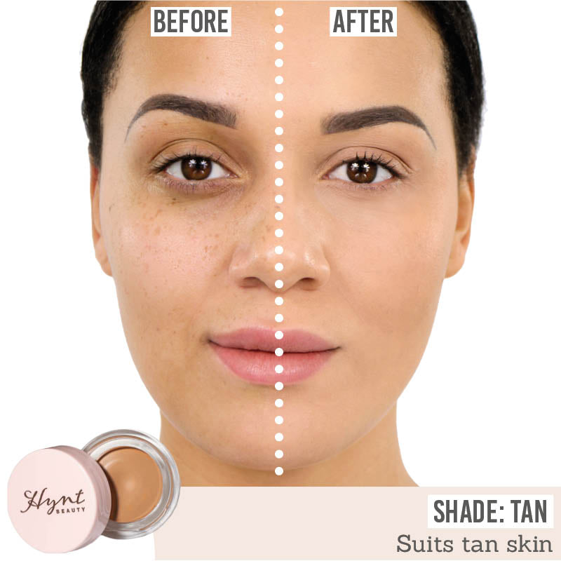 Hynt Beauty Duet Perfecting Concealer in shade Tan before and after on tan skin tone