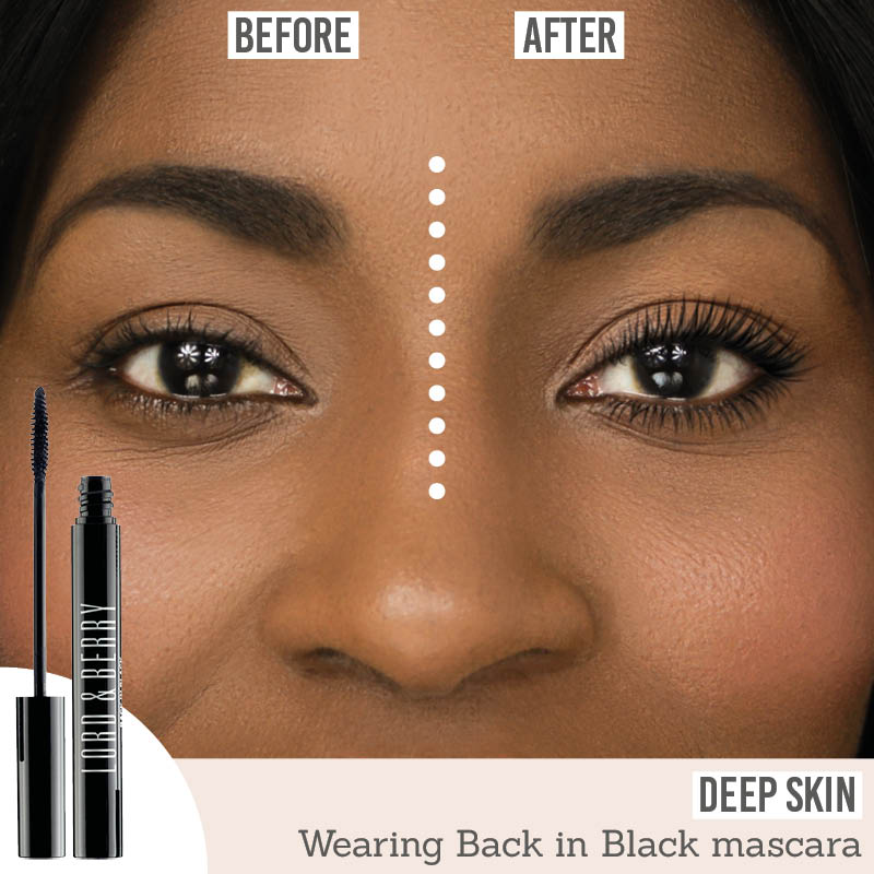 Lord And Berry Back In Black Mascara before and after result on deep skin tone
