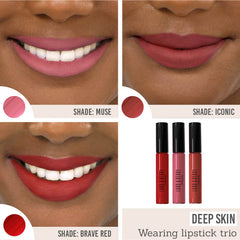 Lord and Berry Timeless Kissproof Lipstick Trio all 3 shades on deep skin
