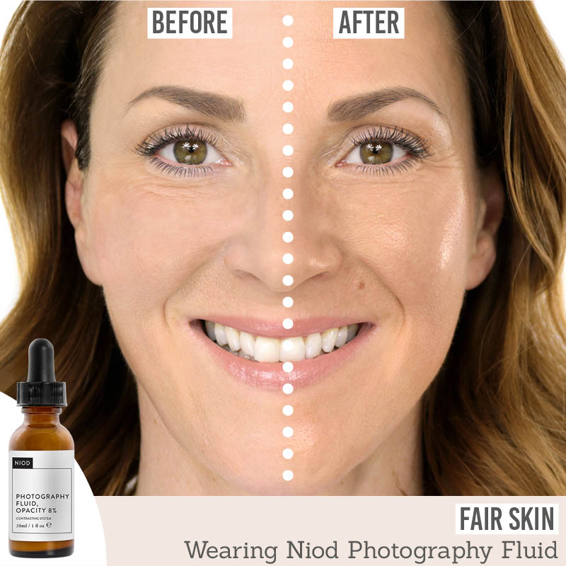 NIOD Photography Fluid Tan 8% before and after results on fair skin