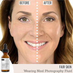 NIOD Photography Fluid Tan 8% before and after results on fair skin