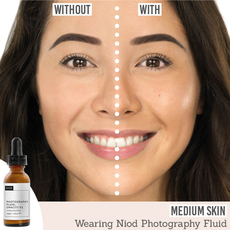 NIOD Photography Fluid Tan 8% before and after results on medium skin