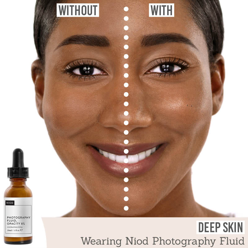 NIOD Photography Fluid Tan 8% before and after results on deep skin