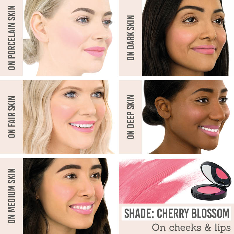 Senna Cheeky Blush & Lip in shade Cherry Blossom on different skin tones
