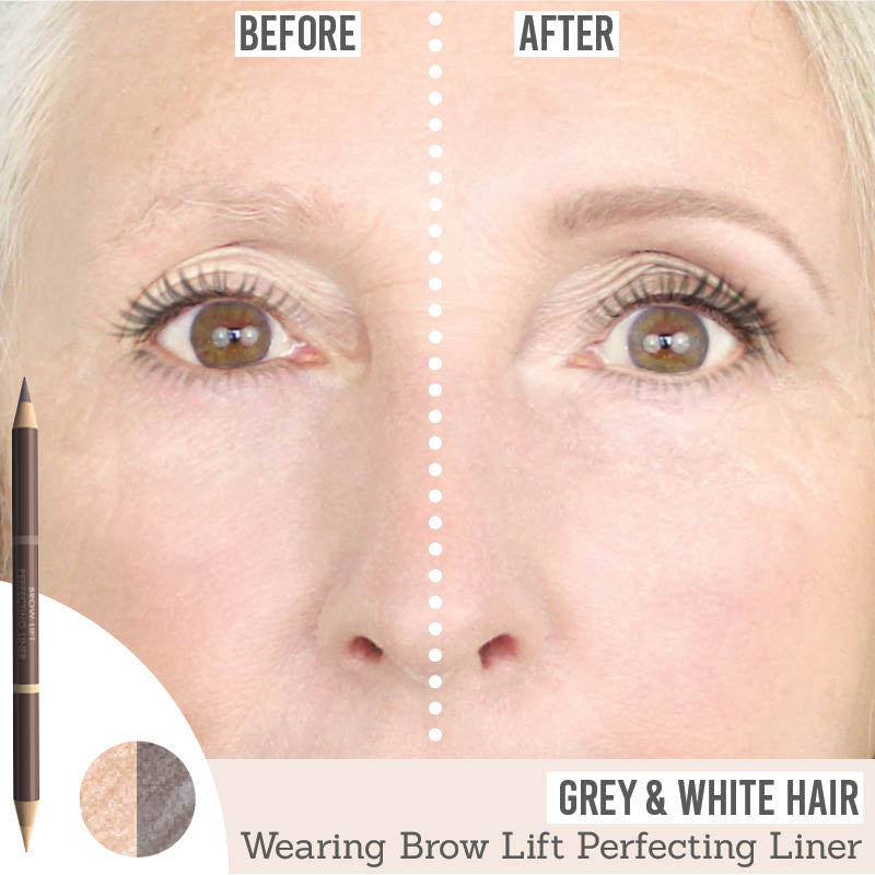 Studio 10 Brow Lift Perfecting Brow Pencil showing before and after results on grey hair
