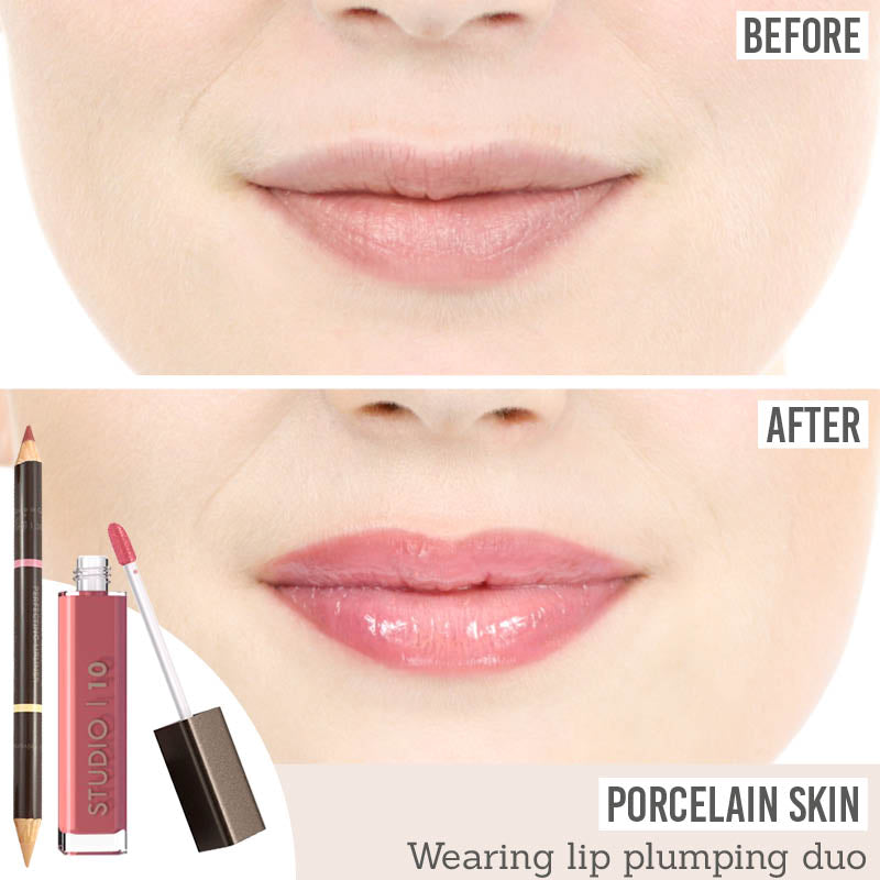Studio 10 Lip Liner and Plumping Lip Gloss before and after results on porcelain skin