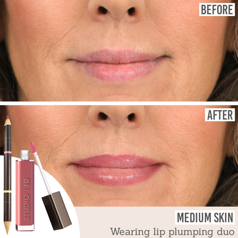 Studio 10 Lip Liner and Plumping Lip Gloss before and after results on medium skin