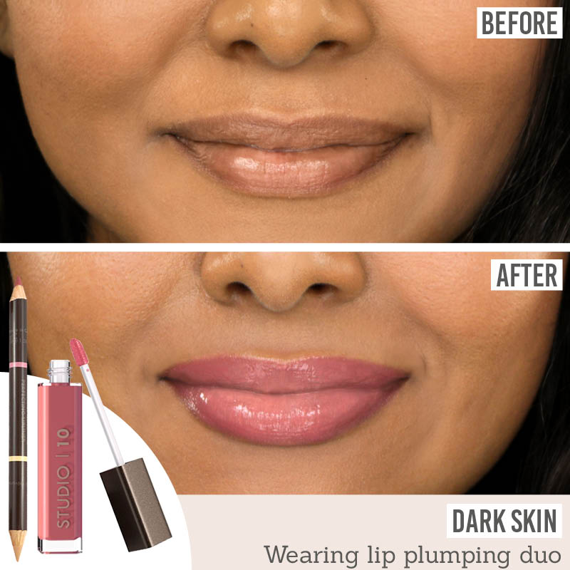 Studio 10 Lip Liner and Plumping Lip Gloss before and after results on dark skin