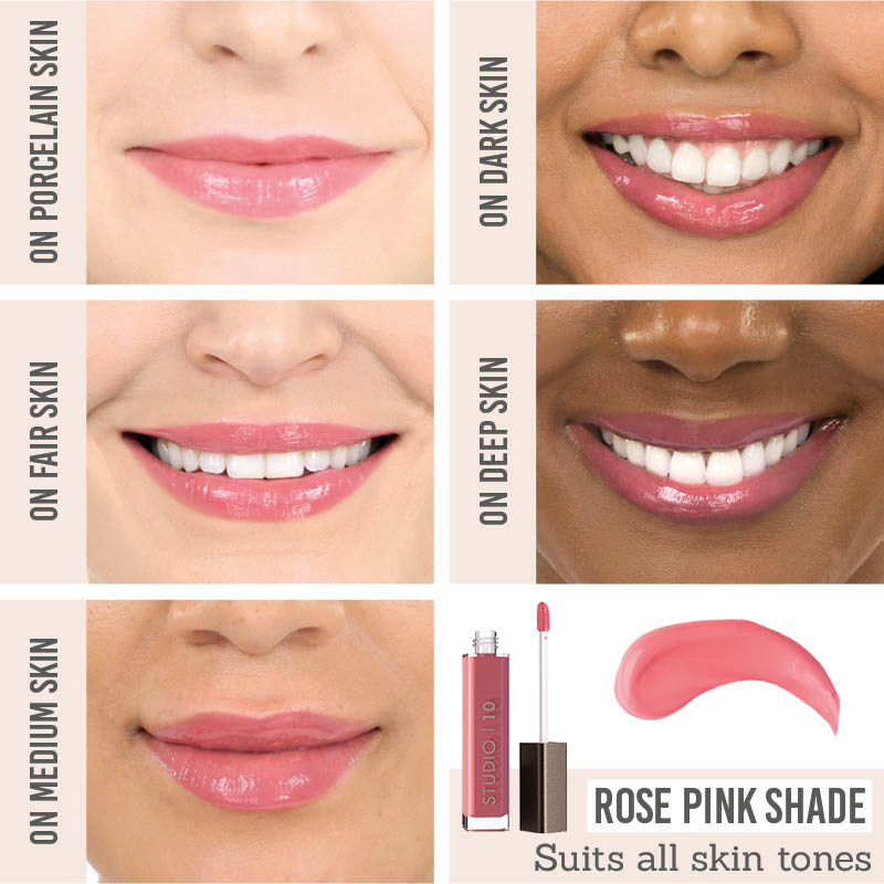 Studio 10 Plumping Lip Gloss in Rose results on different skin tones